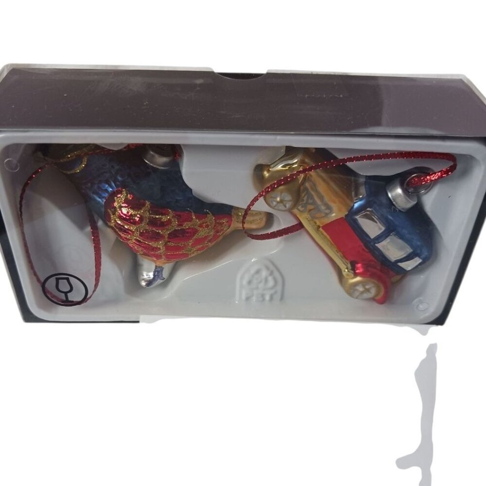 Ikea Glass Bird & Car Christmas Ornaments Set With Red Ribbon Set of 2